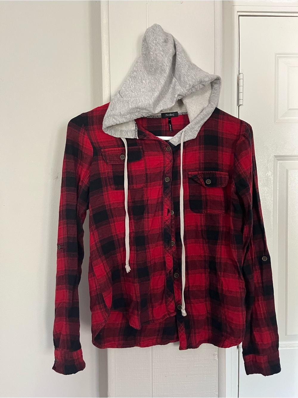 No Boundaries Red and Black Plaid Hooded Utility Jacket